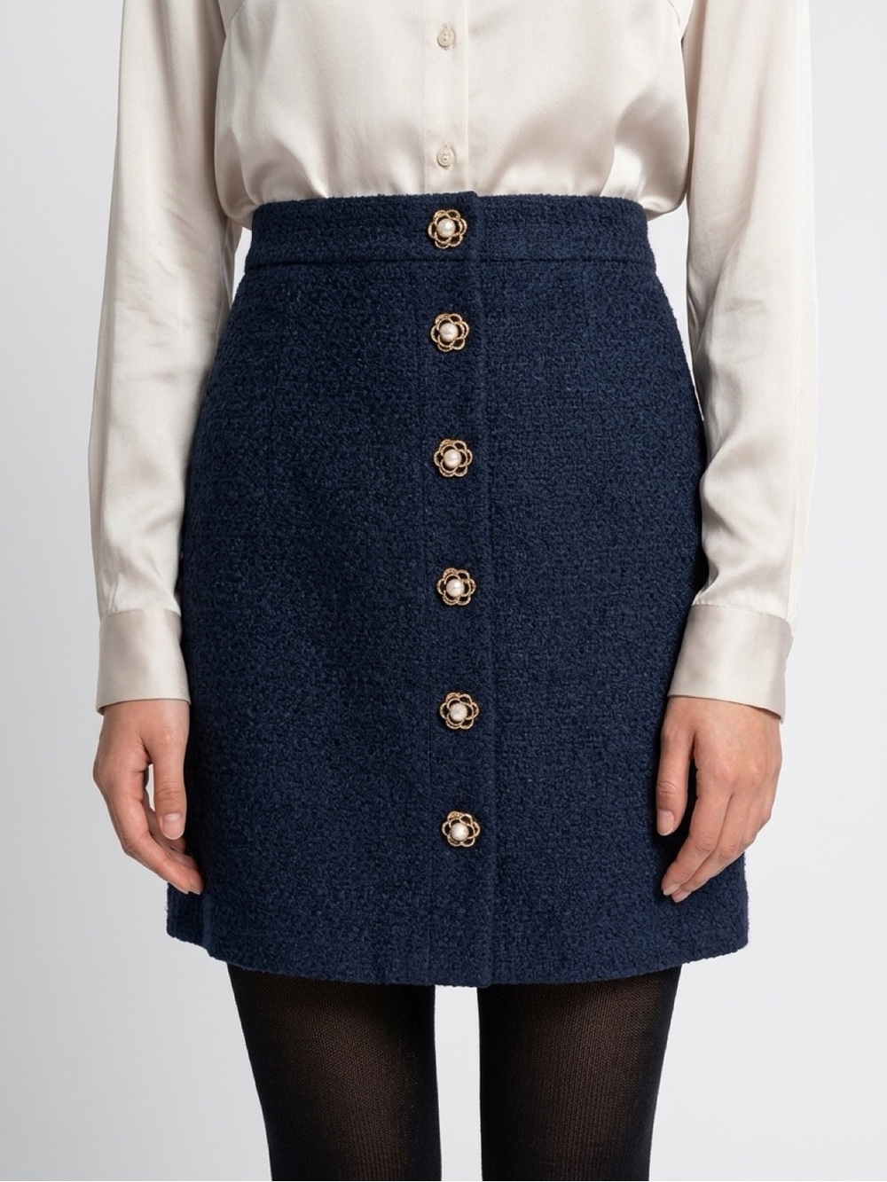 Ann Taylor Navy Tweed Button Mini Skirt Gold-Tone Buttons Worn Once - Picture 2 of 7